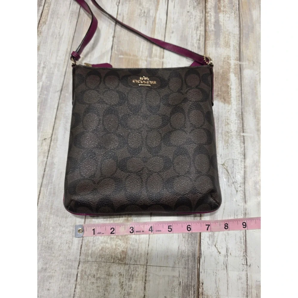 Coach North South Crossbody Bag Signature Canvas‎ Brown Magenta  File Purse